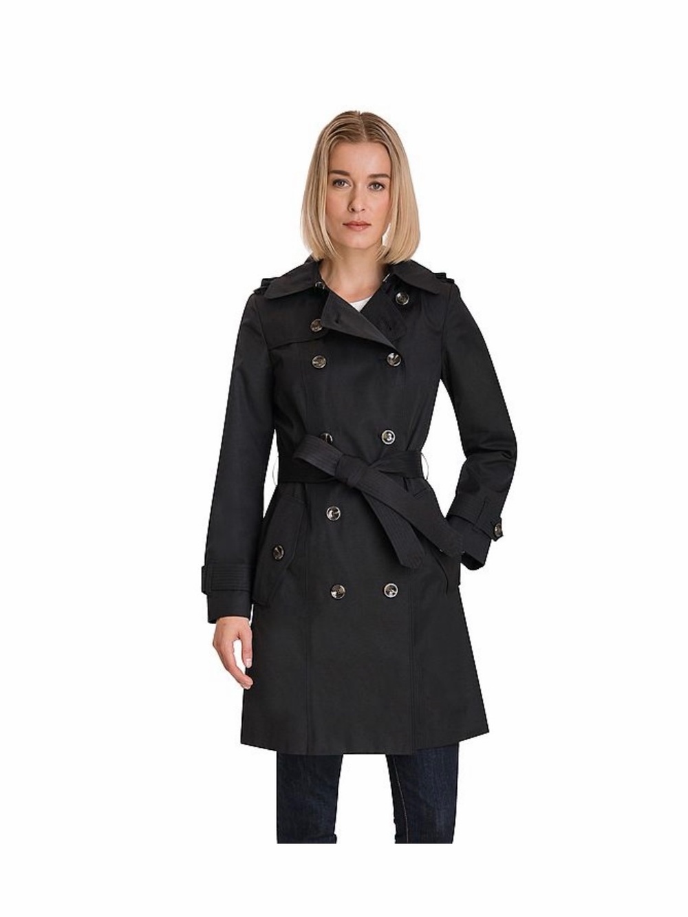 London Fog Black Double-Breasted Trench with Waist Tie